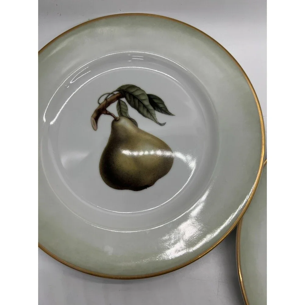 WILLIAMS SONOMA plates Pear Salad Accent Green Gold Rim 8 1/4